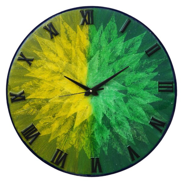 Exquisite Wooden Handmade Wall Clock Green With Yellow And Goldan Printed Acrylic Wall Clock for Home & Office Decorative Big Size Clock (16 Inch)